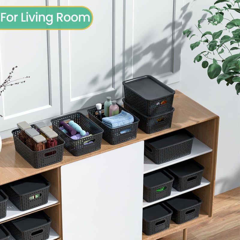 Ohmlove Plastic Storage Baskets with Lid-Plastic Storage Containers Stackable Storage bins: Storage Baskets for Organizing Shelves Drawers Desktop Closet Playroom Classroom Office  8Pack-Black10.2x7.2x4.1Inch - Image 4